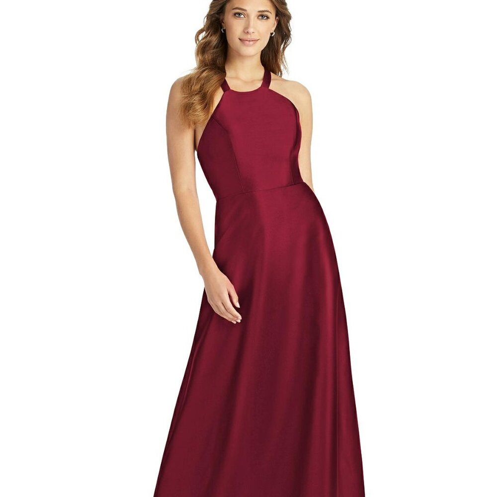 Alfred Sung D763..Full length, Halter, Lace-up Back, Satin Dress..Burgundy..Sz 0
